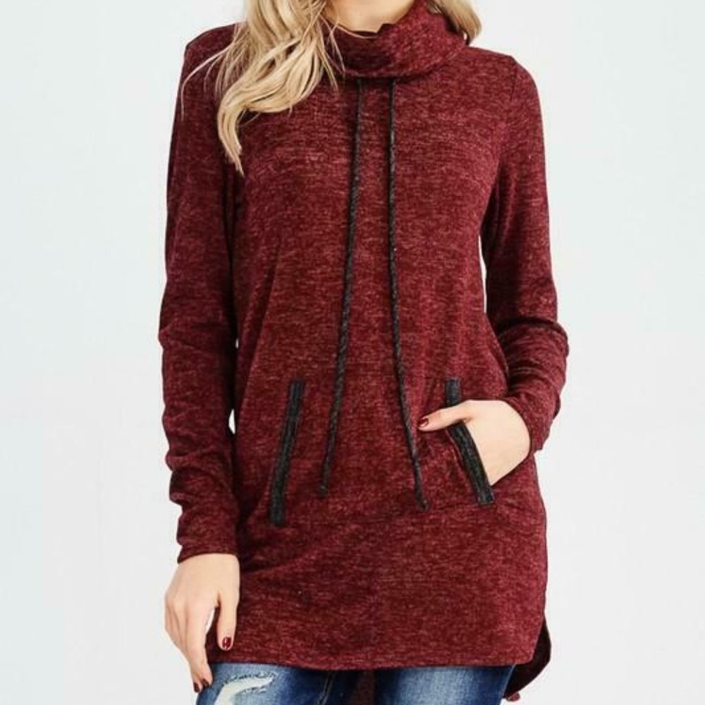 Super Soft Cowl Neck Pocket Tunic Hi-Low Sweater
